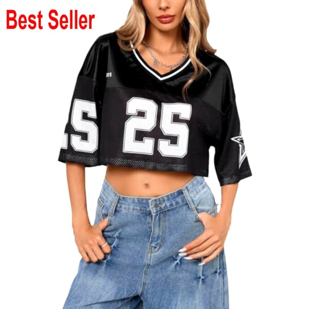 Y2K Graphic Number Tee V Neck Mesh Crop Top Baggy Streetwear Jersey Shirt - Picture 2 of 7